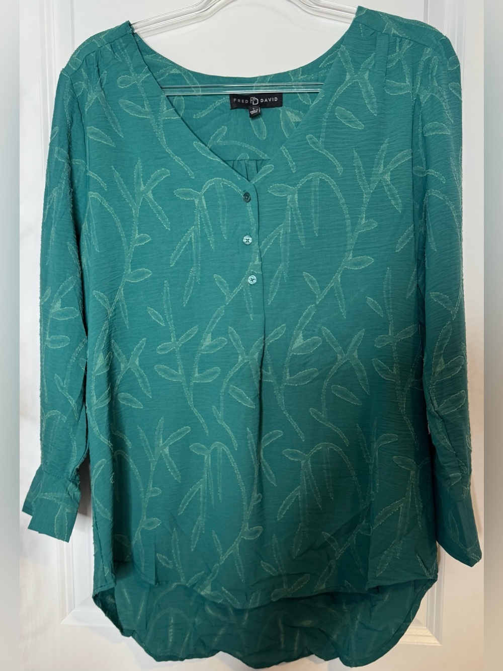 Fred David Teal Long-Sleeve V-Neck Tunic with Jacquard Leaf Pattern LG stretch
